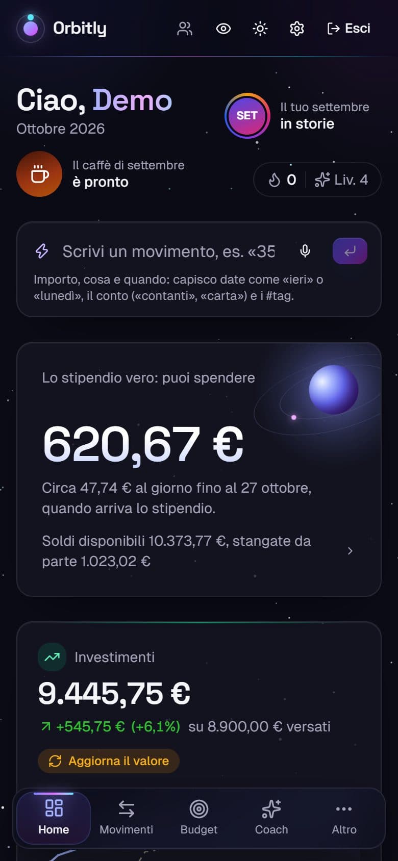 La dashboard di Orbitly sul telefono con lo stipendio vero e gli investimenti