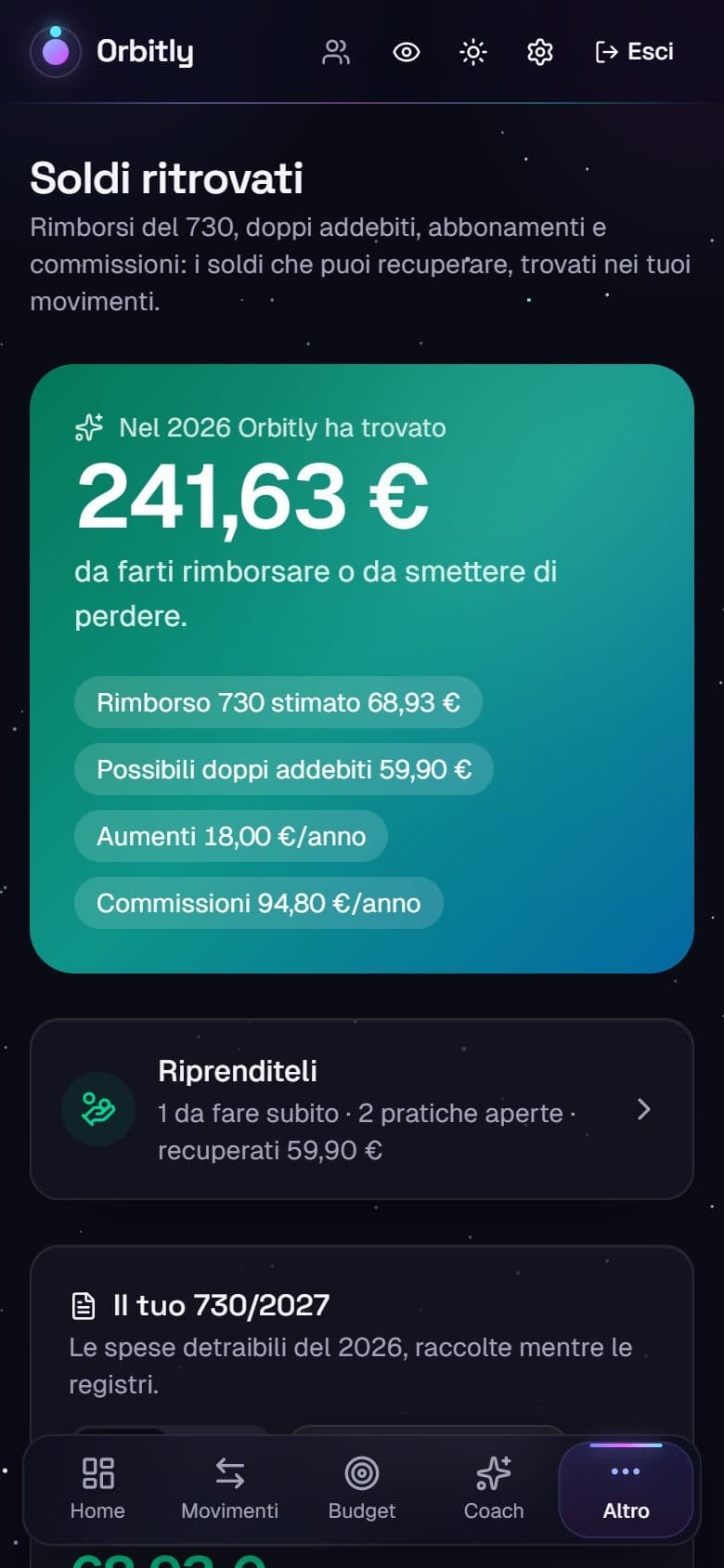 Soldi ritrovati: 221,85 € trovati, con il rimborso 730 stimato